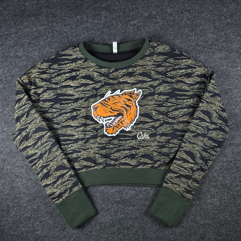 Crooks & Castles Women's Green Tiger Camo Crewneck Sweatshirt Pullover Size M
